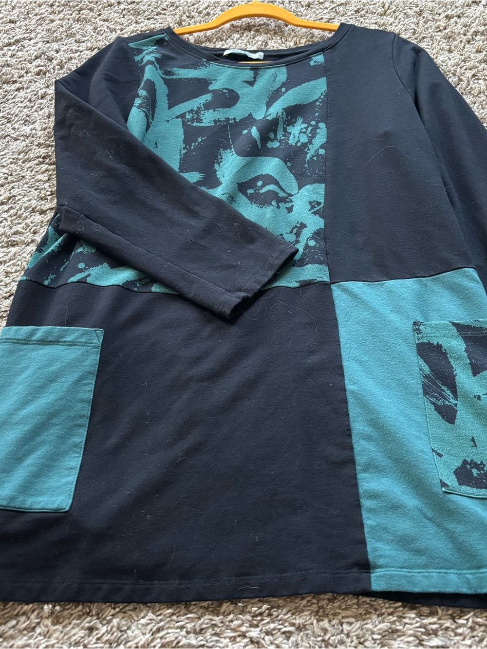 Women's Black and Teal Patchwork Tunic Top L